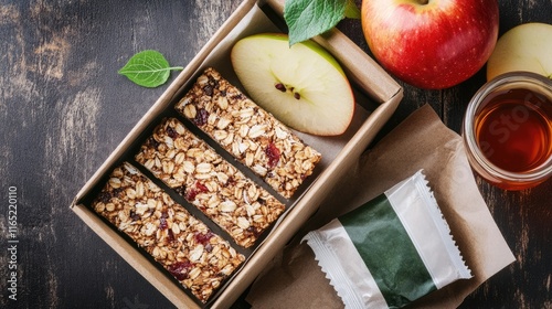 Fototapeta Naklejka Na Ścianę i Meble -  Breakfast-to-go box with healthy granola bars, sliced apple, and herbal tea sachets, [healthy morning kit], [practical nutrition] 