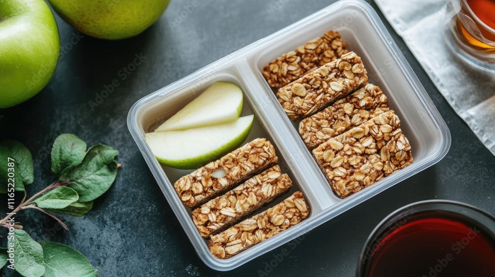 Breakfast-to-go box with healthy granola bars, sliced apple, and herbal tea sachets, [healthy morning kit], [practical nutrition] 