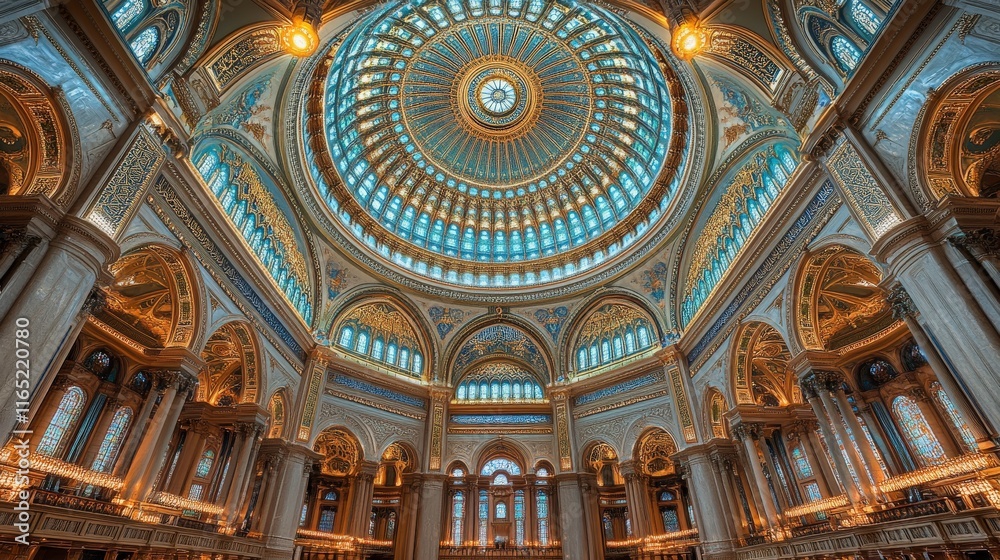 Obraz premium Stunning view of an opulent dome featuring intricate details, vibrant colors, and elegant columns inside a historical building, showcasing architectural beauty and grandeur