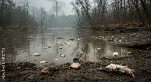 Polluted river with dead fish and bird amid industrial background