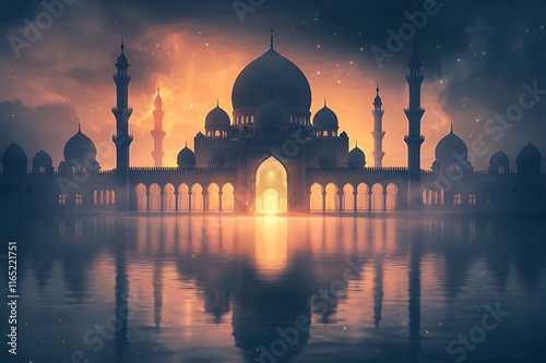 Majestic Mosque Silhouette Reflected In Calm Water At Sunset photo