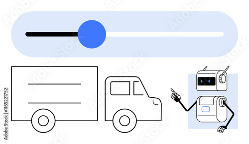 Slider truck, friendly robot with pointing gesture. Ideal for logistics, automation, technology, artificial intelligence, delivery services, innovation, efficiency. Line metaphor