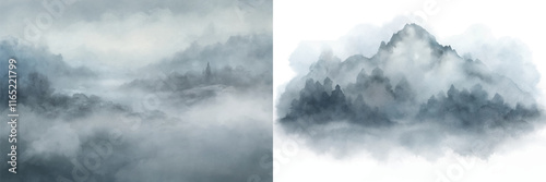 Misty mountains and forests blend harmoniously in a soft watercolor composition, exuding tranquility.