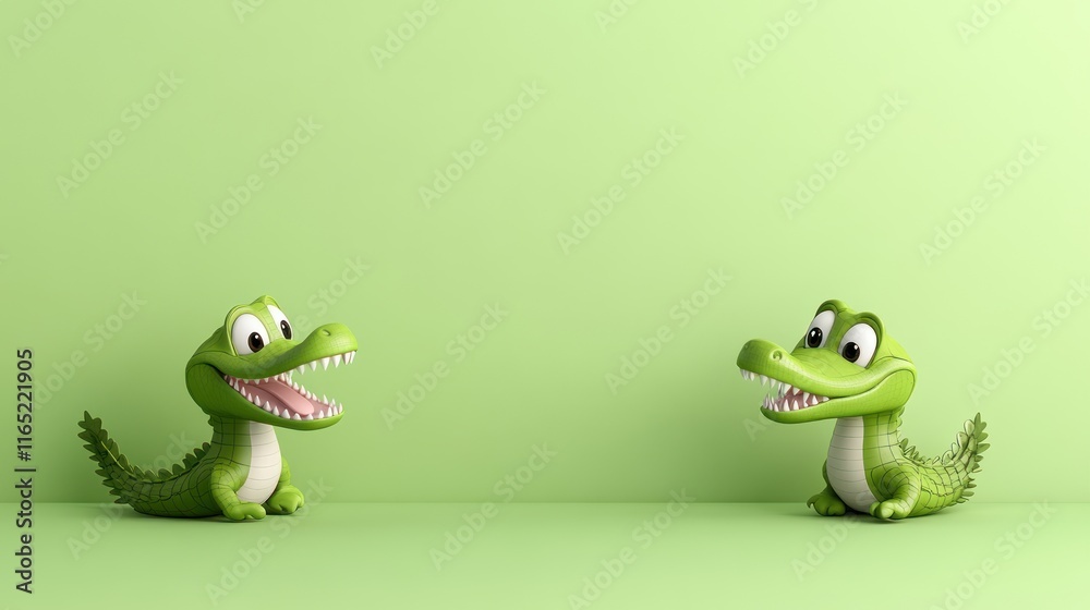 Fototapeta premium Two cheerful cartoon crocodiles on a light green background.