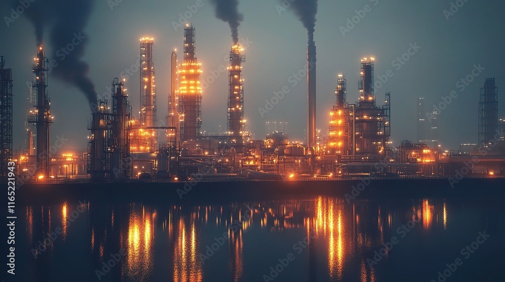 Fototapeta premium Petrochemical Plant at Night with Smoke and Reflected Lights