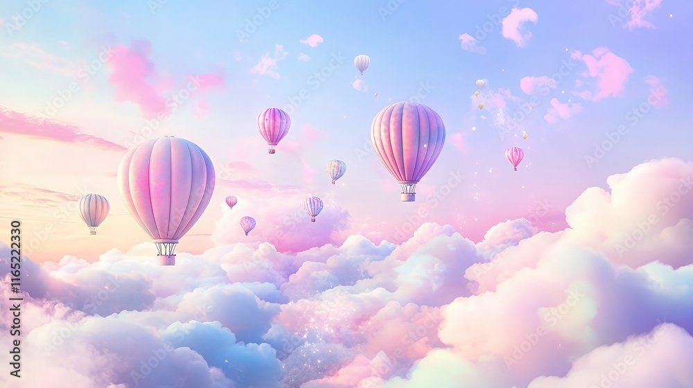 Obraz premium Pastel Hot Air Balloons Soaring Above Dreamy Clouds