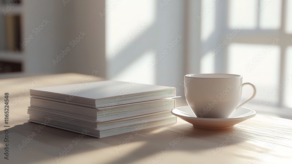Calm Office Desk Scene with Laptop, Coffee Cup, and Notebooks Calm Office Desk Scene with Laptop, Coffee Cup, and Notebooks