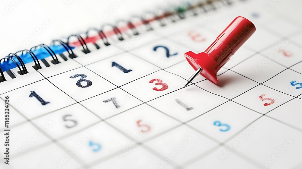 Red Push Pin on Calendar Marking Important Date Red Push Pin on Calendar Marking Important Date