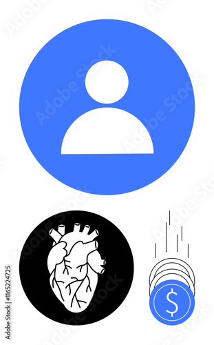 Human user icon, anatomical heart illustration, and falling coins with dollar sign. Ideal for healthcare, finance, medical education, budgeting, investment, anatomy studies and saving strategies