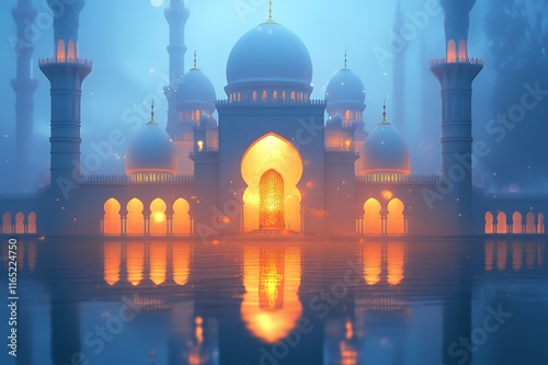 Illuminated Mosque Reflecting in Calm Water at Dusk photo