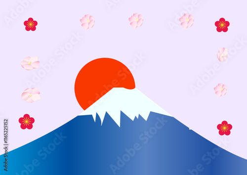 日本の象徴世界遺産でもある雪化粧の富士山の日の出　背景薄紫とうめの花