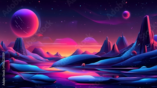 Alien Planet Landscape with Neon Mountains and Planets photo