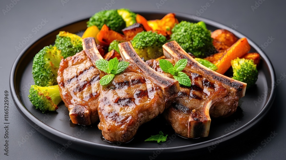 Grilled lamb chops with colorful vegetables on a black plate. Grilled lamb chops with colorful vegetables on a black plate.