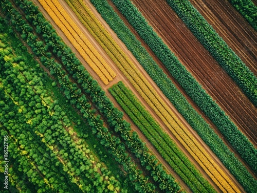 Aerial view of vibrant agricultural fields showcasing diverse crops in diagonal rows, exhibiting a rich tapestry of colors and textures.