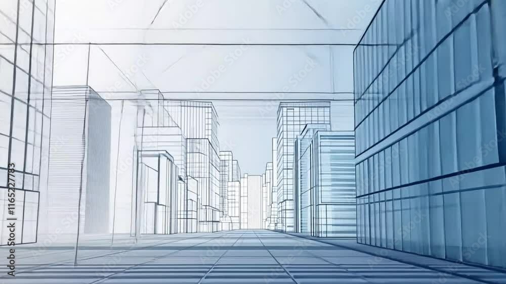 3D rendering wireframe of office buildings blue background. Concept - modern city modern architecture and designing