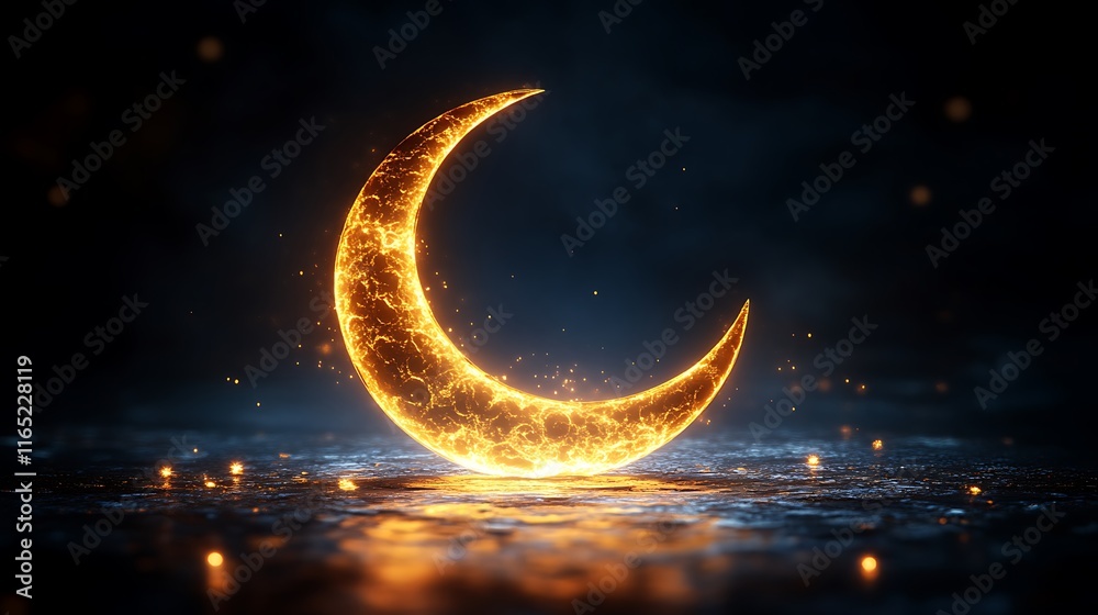 Fototapeta premium Fiery Crescent Moon Glowing Brightly On Dark Surface
