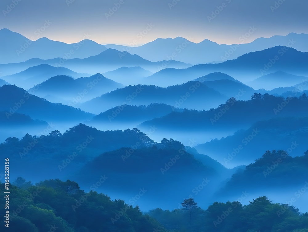 Fototapeta premium Serene Blue Mountains Mist Shrouded Peaks