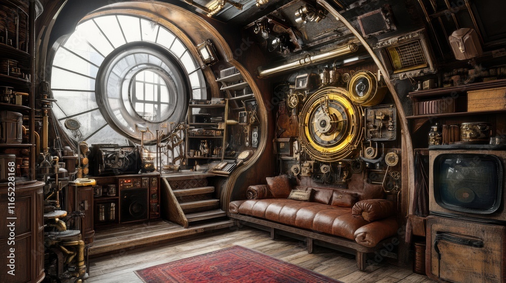 Obraz premium A steampunk-themed living space with mechanical art installations, brass accents, and vintage furniture in a cozy loft