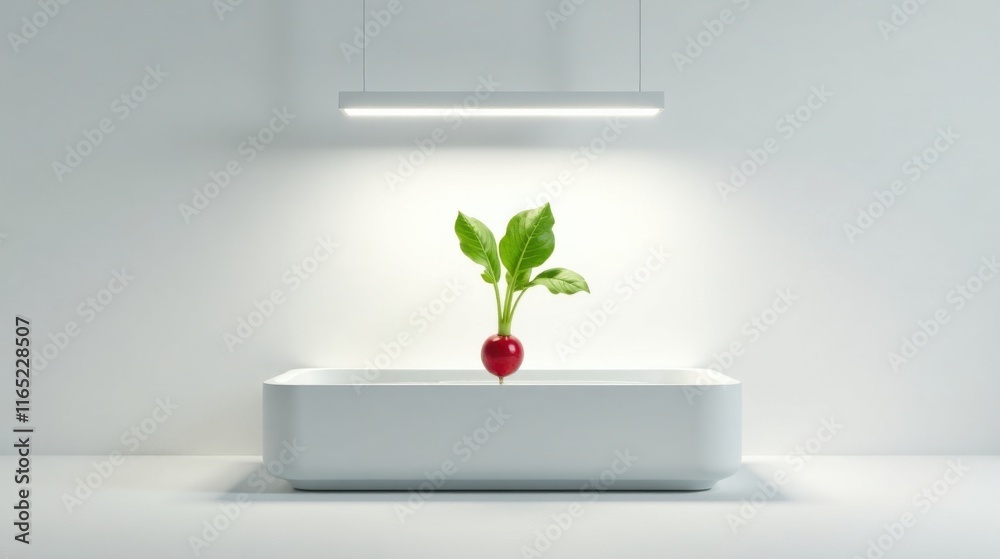 Minimalist Radish Sprout in Modern White Container Under Illumination Minimalist Radish Sprout in Modern White Container Under Illumination