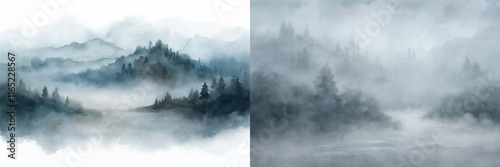 Enigmatic misty landscape with dense trees and soft colors, evoking a sense of calm and tranquility.