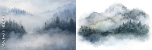 Soft watercolor depicts fog-laden trees and mountains, evoking a sense of mystery and calm.