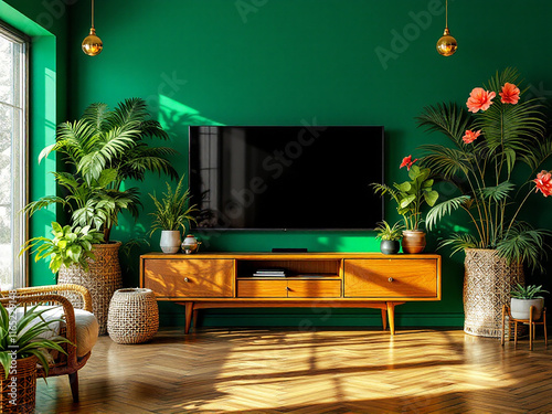 Modern Living Room with TV Cabinet Against Dark Green Wall – Stylish Home Decor, legant Home Interior Featuring TV Cabinet and Green Accent Wall. photo