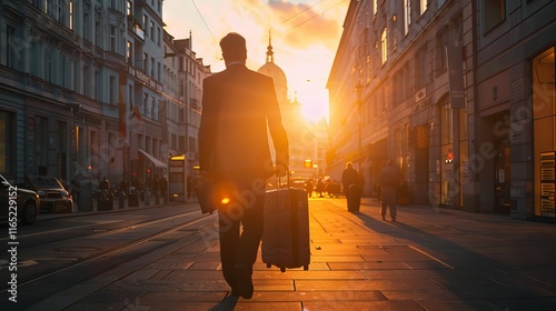 Fototapeta Naklejka Na Ścianę i Meble -  Rear view of a business traveler pulling wheeled luggage under a golden sunset in Munich, Bavaria, Germany, highlighting a dynamic corporate journey