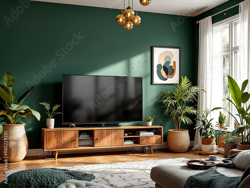 Modern Living Room with TV Cabinet Against Dark Green Wall – Stylish Home Decor, legant Home Interior Featuring TV Cabinet and Green Accent Wall. photo