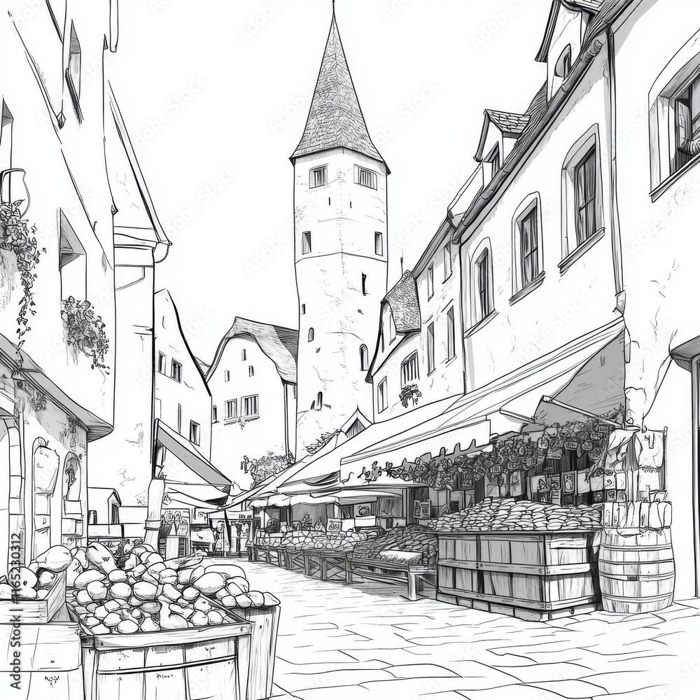 Fototapeta premium Sketch of a charming European street market with a medieval tower.