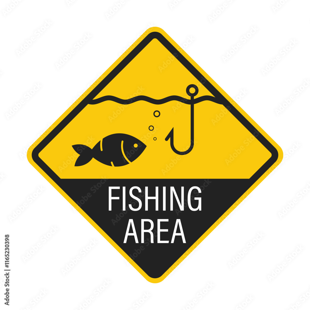 Yellow diamond fishing area sign, illustrating a fish with a hook, water, river, and the activity of fishing, label sign designated fishing zone.