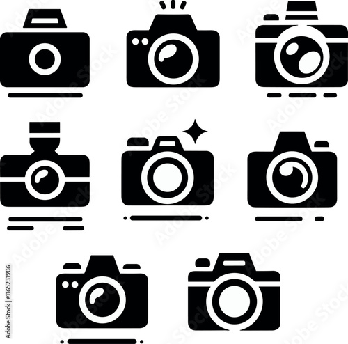 Collection of camera icons in monochrome style, featuring photography equipment 