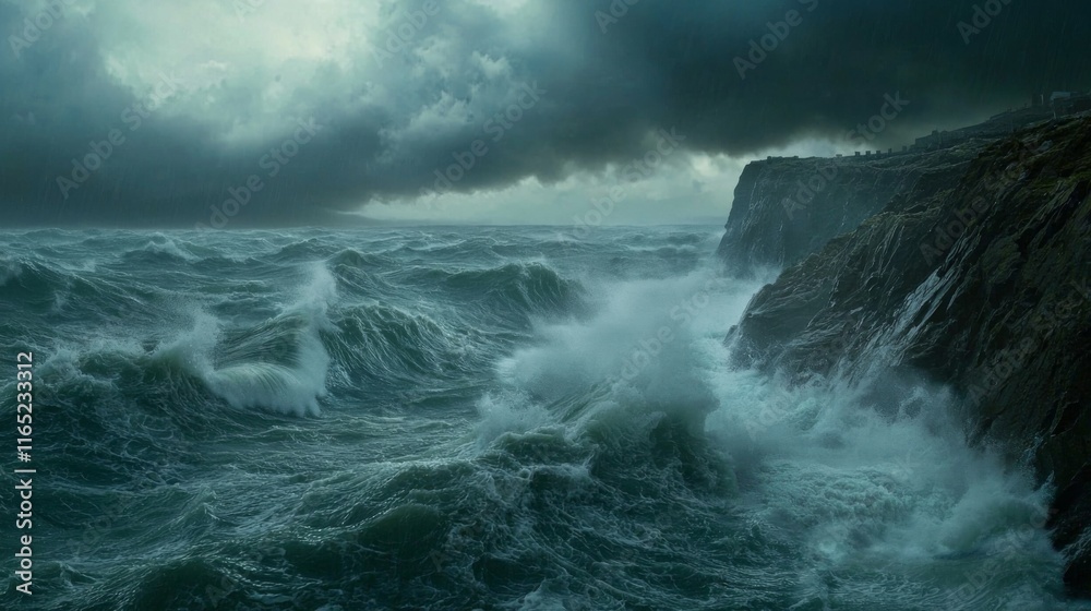 Fototapeta premium Dramatic Ocean Waves Crashing Coastal Cliffs Stormy Sea
