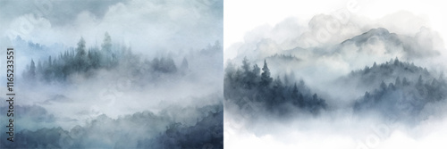 Enveloping fog and dark trees create a mysterious and serene landscape in watercolor.