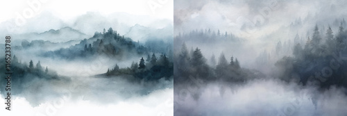 Misty mountains and dense forests create a tranquil scene, inviting contemplation and serenity.