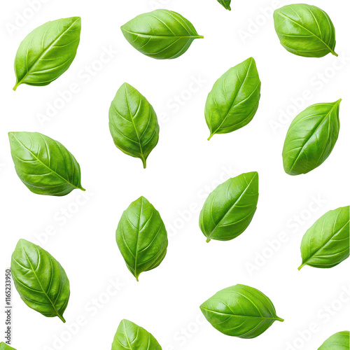 Individual Basil Leaves Arranged in a Scattered Pattern on a Crisp White Backdrop, Showcasing Their Smooth, Aromatic Surface for PNG Use