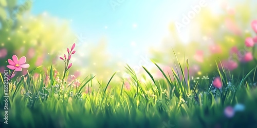 Beautiful spring meadow background with green grass and trees