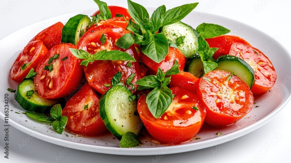 Fresh tomato and cucumber salad garnished with basil leaves. Fresh tomato and cucumber salad garnished with basil leaves.