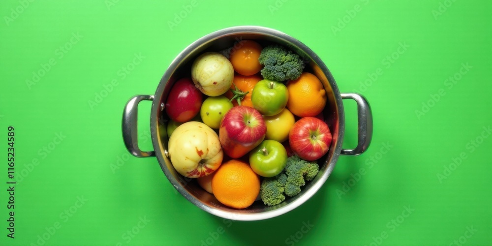 A stainless steel pot brimming with a colorful assortment of fresh, ripe apples, oranges, and broccoli florets, set against a vibrant green background. A stainless steel pot brimming with a colorful assortment of fresh, ripe apples, oranges, and broccoli florets, set against a vibrant green background.