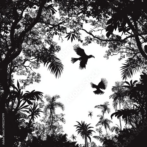 Tropical rainforest canopy silhouette with birds in flight, creating a heart-shaped opening.