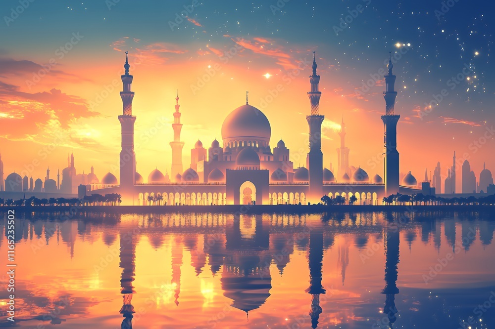 Fototapeta premium Majestic Mosque Sunset Cityscape Reflection Serenity
