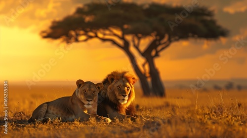 A pair of lions resting together under a tree in the golden hour, with their eyes watching the horizon in the African plains.