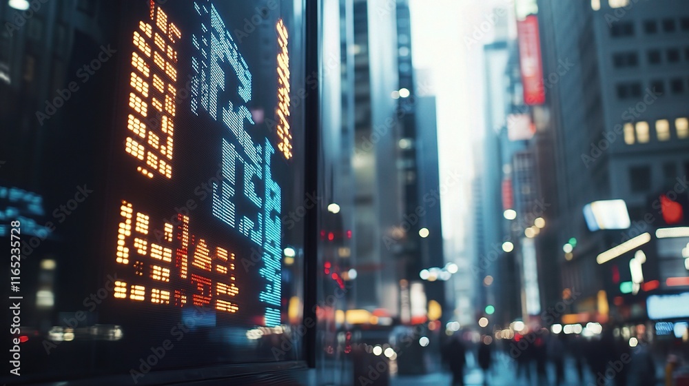 Vibrant City Street with Digital Stock Market Ticker Display Vibrant City Street with Digital Stock Market Ticker Display