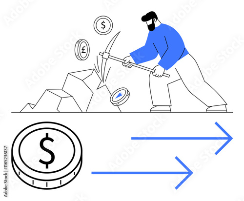 Worker with pickaxe breaking rocks, extracting currency coins dollar, euro, bitcoin as arrows highlight forward transactions. Ideal for finance, digital economy, blockchain, investments, mining