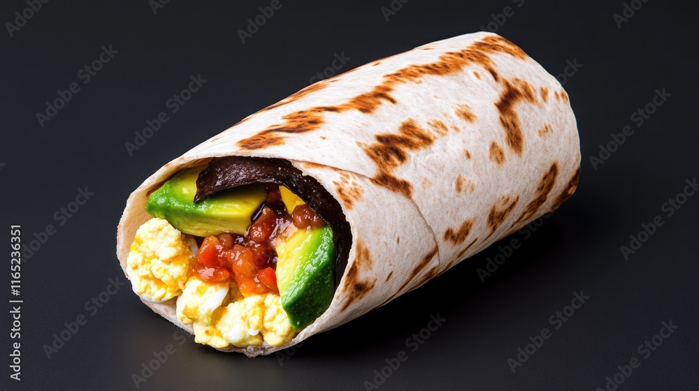 A delicious burrito filled with eggs, vegetables, and beans. A delicious burrito filled with eggs, vegetables, and beans.