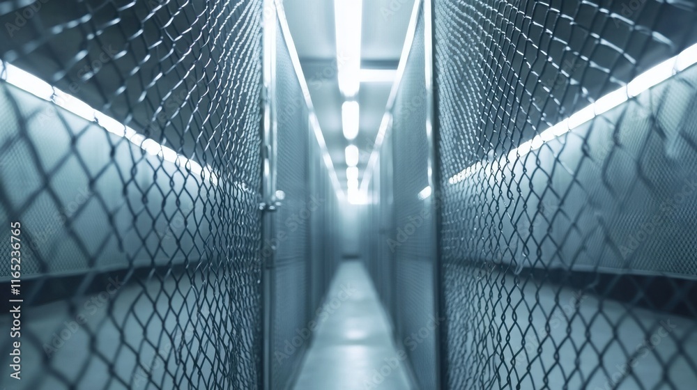 Obraz premium A narrow hallway illuminated by fluorescent lights, flanked by metal mesh fencing, creating a stark and industrial atmosphere.