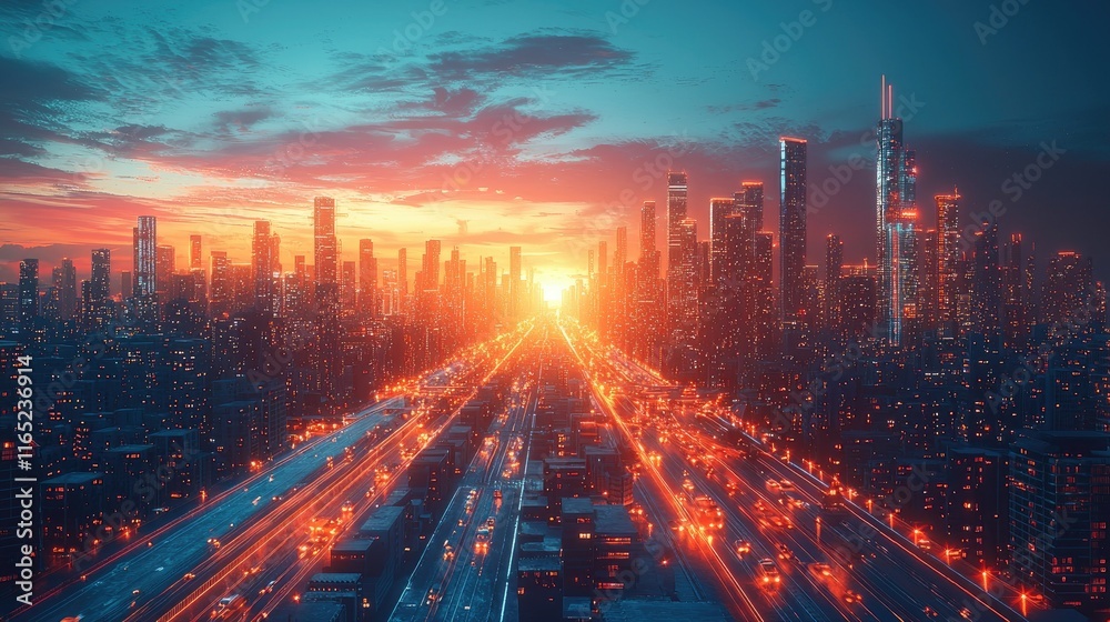 Fototapeta premium Futuristic Cityscape at Sunset: A Breathtaking Aerial View