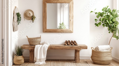 An inviting entryway with a wooden bench, a woven basket for shoes, and a mirror framed with natural wood