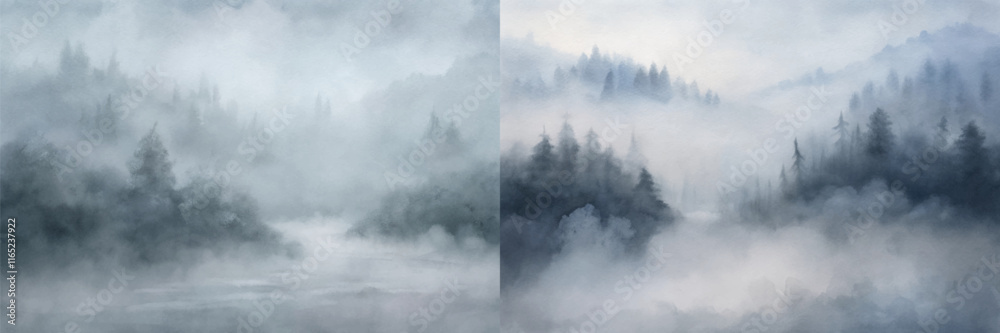 Ethereal fog enveloping a tranquil river and dense forests in a watercolor style.