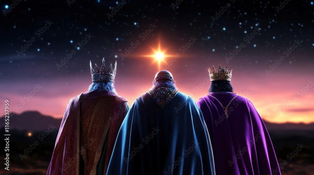 Three kings gazing at a bright star in a twilight sky. Three kings gazing at a bright star in a twilight sky.