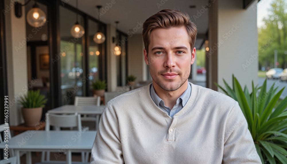 Man sitting calmly at a cafe with plants in the background Man sitting calmly at a cafe with plants in the background